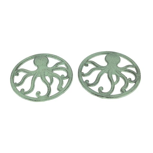 Distressed Coastal Cast Iron Octopus Sea Foam Green Trivet Set of 2 - Picture 1 of 3